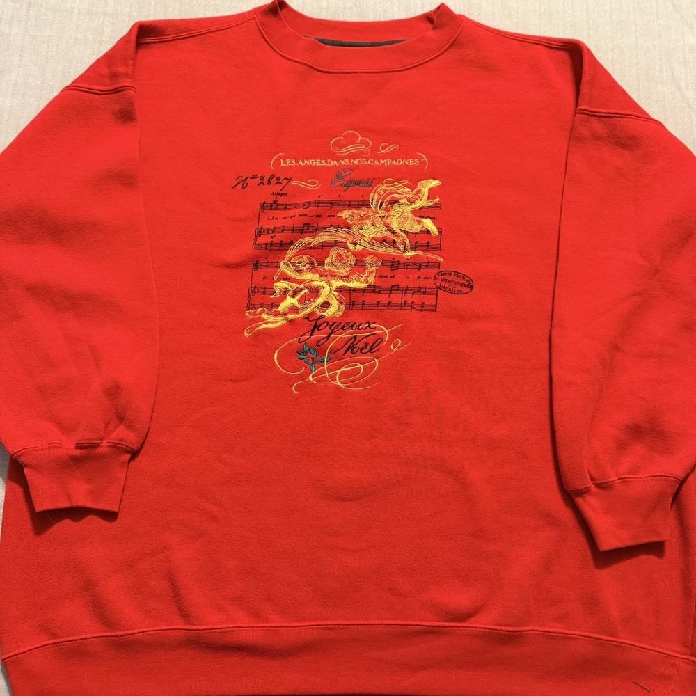 Vintage Exp International Red Christmas Sweatshirt Womens M Embroidered Angels